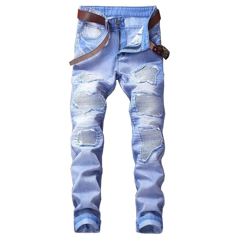 (No Belt) 2018 Spring Punk Style Men's Jeans Fashion Casual New Straight High Elasticity 28-42 Washed Ripped Hole Trousers