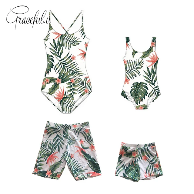 Best Offers 2018 Parent-child Swimsuit Mom Daughter Son Baba Swimwear Tropical Plant Print One-piece Swimsuit Family Beach Bathing Suit 