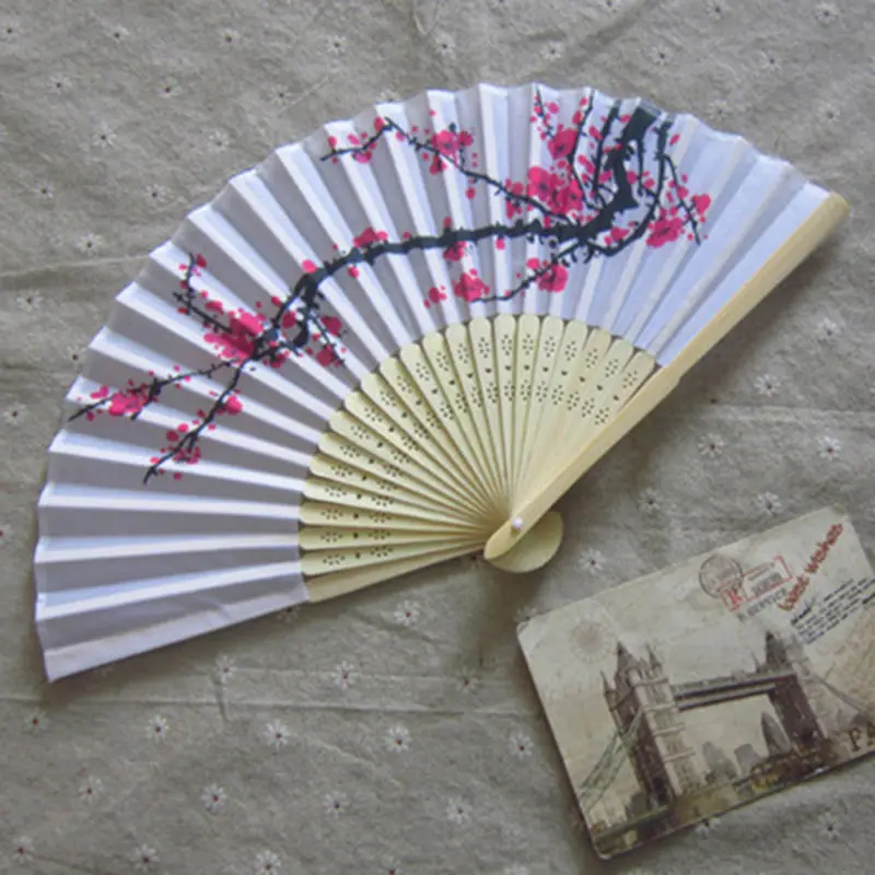 White Polyester Folding Hand Fans Elegant Plum Blossom Flower Print 1PCS for Summer Women Girl Dancing Party Favor
