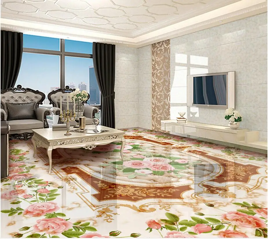 3d floor painting wallpaper Rose European flower floor waterproof