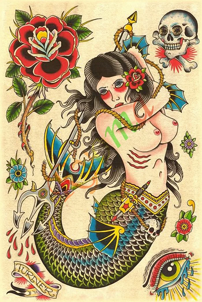 Vintage about Mermaid Tattoos Patterned Posters Kraft ...