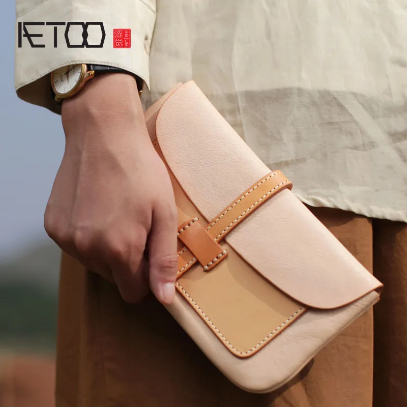 

AETOO Original design long wallet ladies retro literary college wind personality first layer leather clutch bag