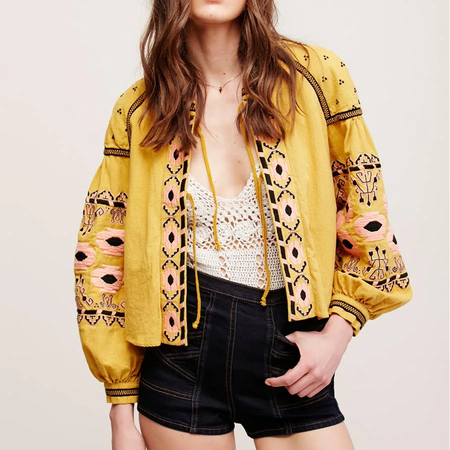 BOHO blouse 2017 cotton floral embroidered blouses tassel long lantern sleeve loose Casual hippie women tops blouse and shirt