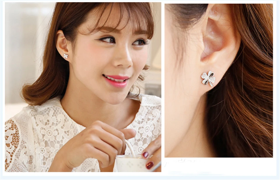 j PISSENLIT Women Jewelry White Rhinestone Stud Earrings pendientes mujer moda 2019 New Silver Clover Wedding Stud Earring brincos