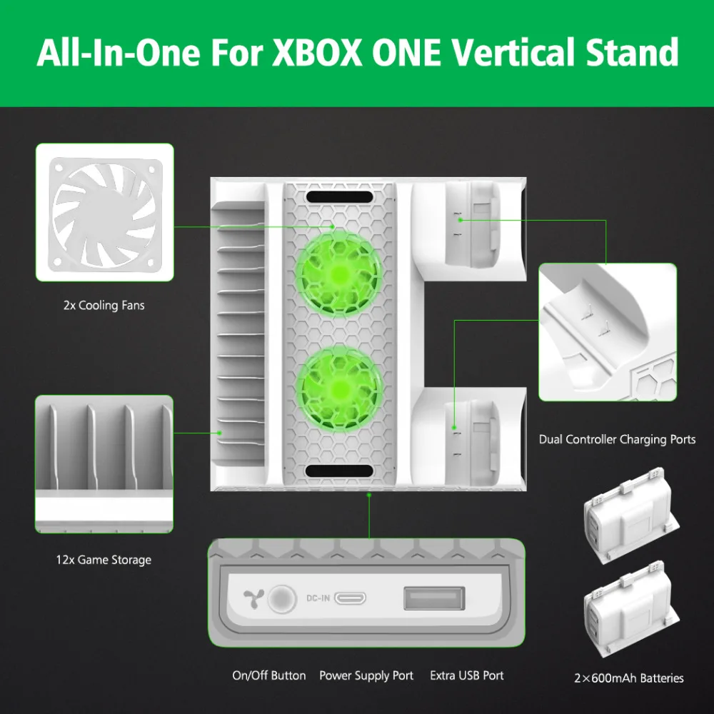 Cargador de controlador Dual OIVO para Xbox ONE soporte Vertical de refrigeración para juegos estación de carga de almacenamiento para consola Xbox ONE/S/X - 4