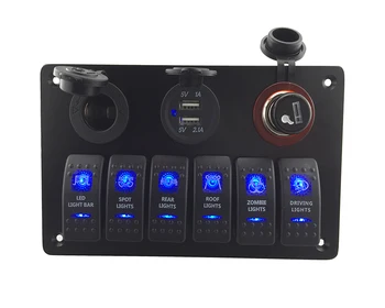 

Iztoss Double blue light 12V Power Charger Socket 3.1A USB Adapter and Cigarette lighter aluminum Flush Mount 6 gang rocker swit