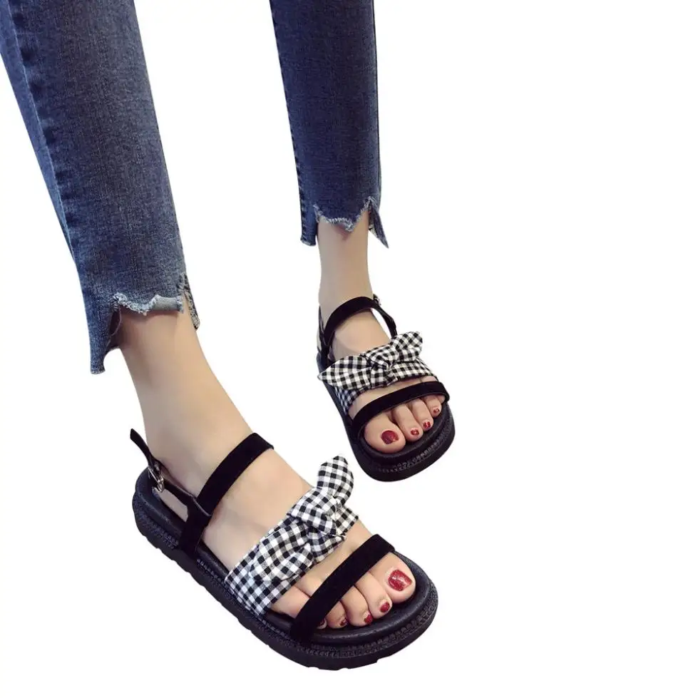 

Women Sandals 2018 Fashion Gingham Bow Peep Toe One Word Buckle Sandals Beach Shoes Sandalia Feminina Platform Women Shoes
