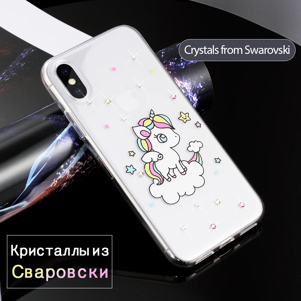 KINGXBAR для iPhone X чехол мультфильм милый Единорог кристаллами от Swarovski мягкий горный