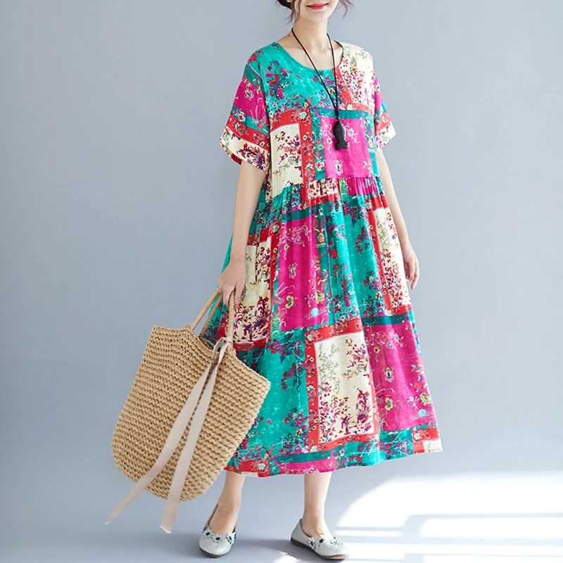 

Cotton Leaves Floral Plant Lemon Print Side Pockets Summer Dress Women Boho Loose Vintage Dress Long Casual Dresses Holiday