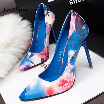 

Cresfimix femmes hauts talons women fashion comfortable blue floral printed high heel shoes lady casual street high heels a2570
