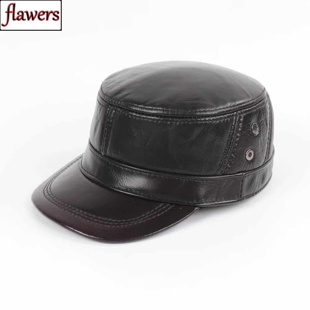 

Hot Sale Winter Men Real Sheepskin Leather Military Hats male 100% Genuine Sheep Leather Earlap Caps Real Leather Top Flat Cap