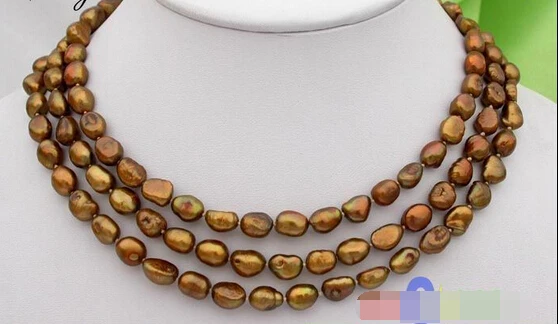 

HOT## Wholesale >>>> 3strands baroque coffee freshwater pearl necklace coin clasp P90
