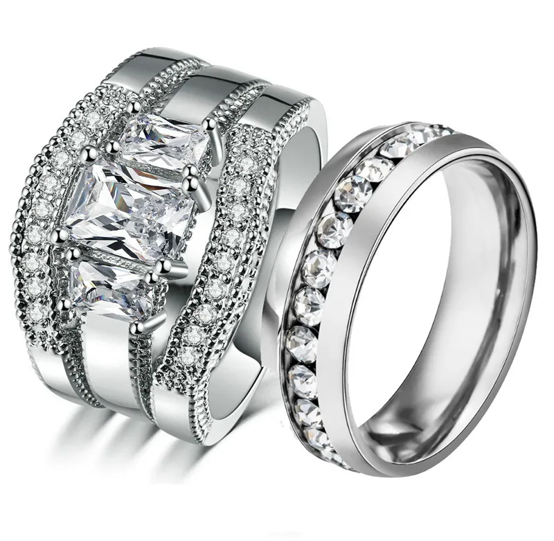 3pcs Wedding Couple Ring His And Her Ring Set Zircon