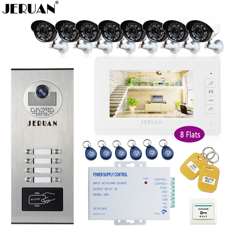 

JERUAN 7 inch Video Doorbell Intercom system Kit RFID Access Entry Security Kit For 8 Apartment Camera +8 CCTV Analog Cameras