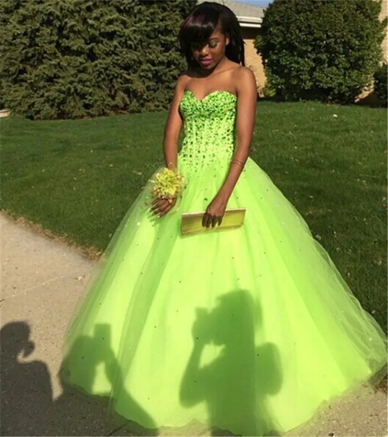 Sweetheart 2016 New Sexy Summer Fluorescent Green Beaded Tulle Ball Gown Prom Dresses Long Evening Party Dress vestido de festa | Свадьбы и