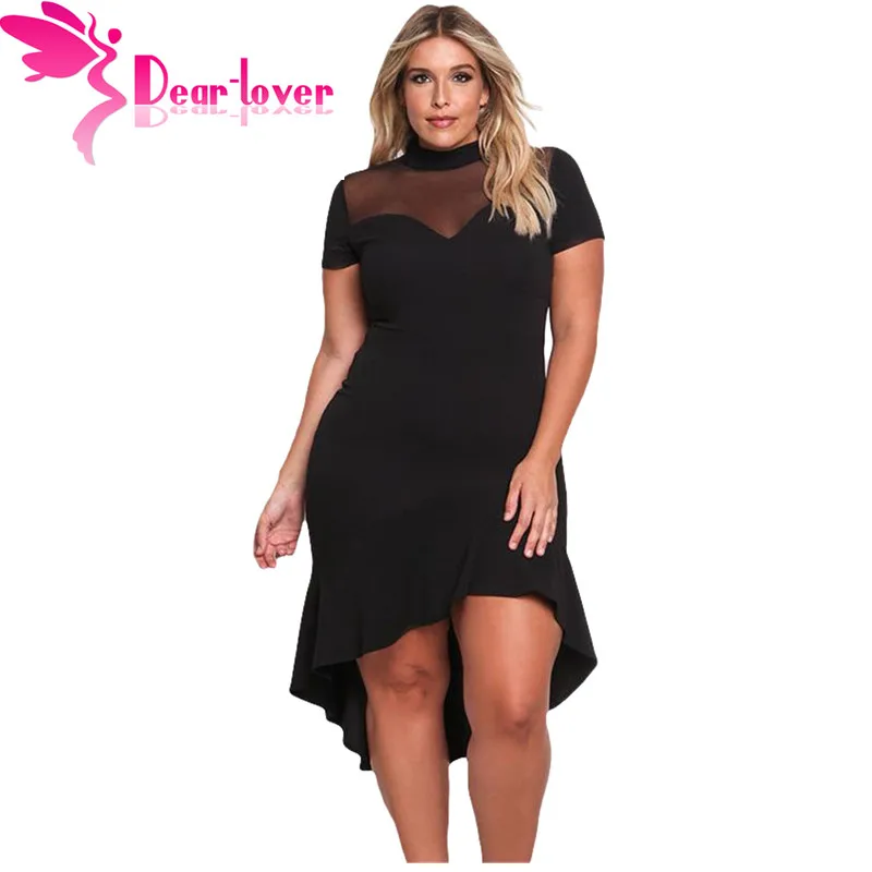 

Dear Lover Office Dress Plus Size Short Sleeve Mesh Insert Ruffled Hi-low Hem Curvy Dress Oversize Big Women Vestido mujer 61661