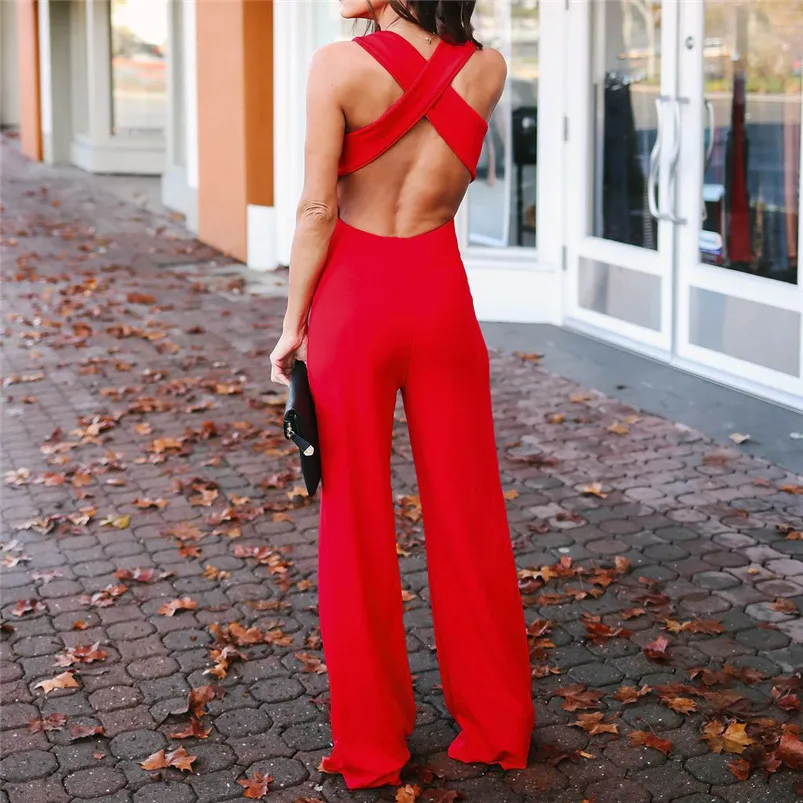Summer Sleeveless elegant jumpsuit Womens V-Neck Solid Backless Long Playsuit Ladies Sexy loose Jumpsuit Red Clothes R04 (6)