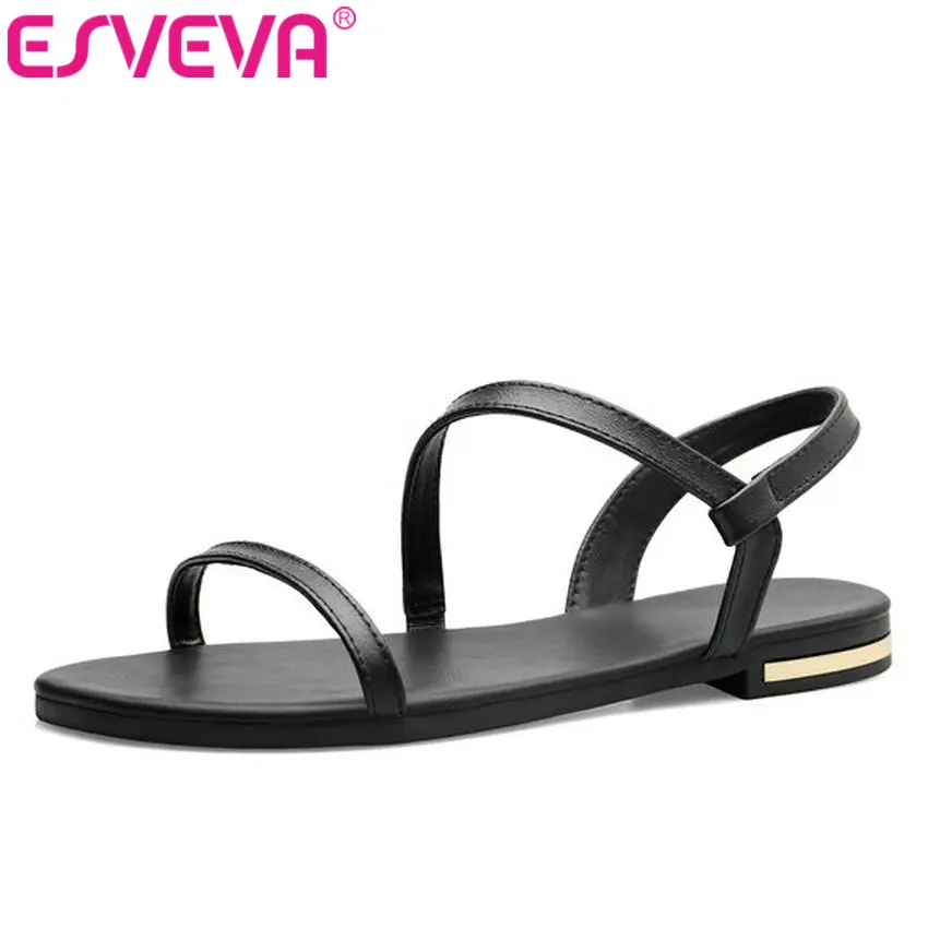 

ESVEVA 2019 Women Sandals PU Leather Square Flat Heel Slip On Round Toe Buckle Fashion Slingback Soft Sole Shoes Size 34-39