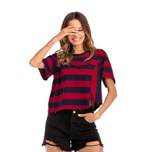 Mulheres Verão Listrado T-shirt Irregular Hem Mangas Curtas T Listrado Preto Verde Mujer Vestidos Casuais O Pescoço Tops 2018 Do Sexo Feminino