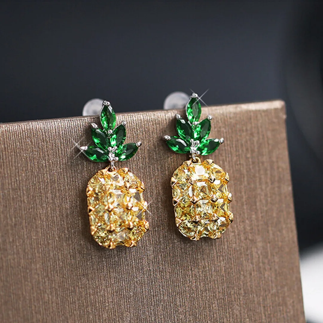 Womens Girls Cute Bling Gold Pink Fruit Pineapple Crystal Ear Stud Earring