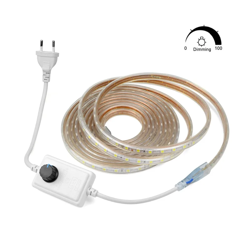 

Dimmable Waterproof AC 220V LED Strip 5050 SMD 60leds/m LED light Garden Outdoor Decoration lamp tape With EU Plug Dimmer kit