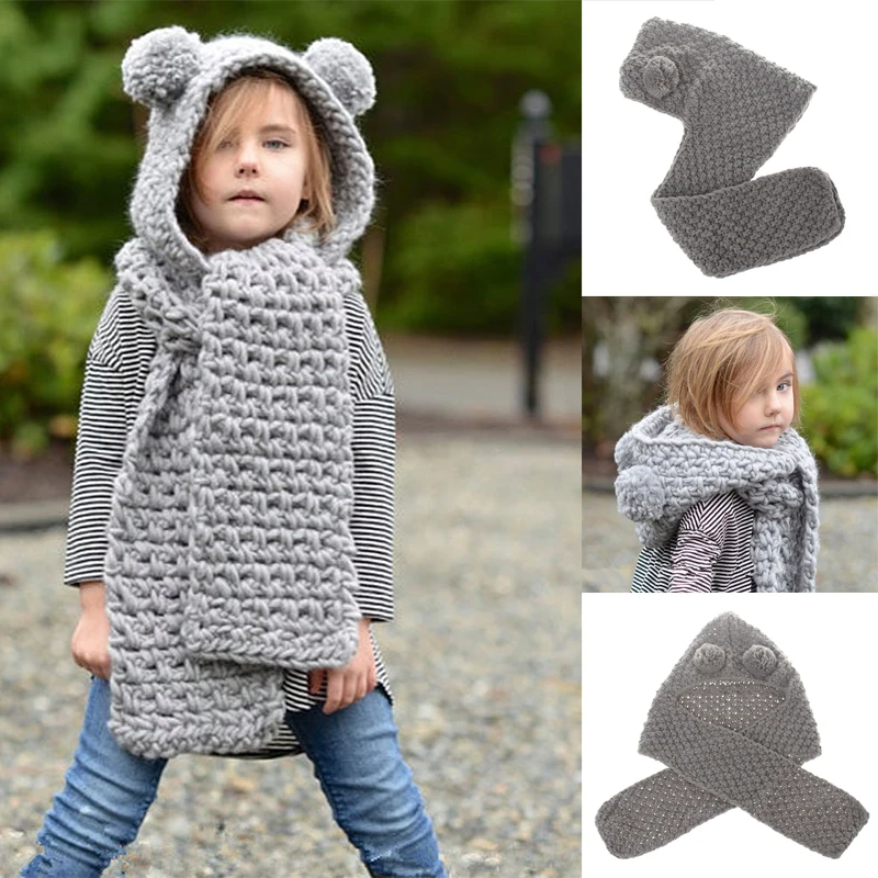 Осенне-зимний детский теплый шерстяной Трикотажный Шарф, шапка Серого и бежевого цвета, две модели, Плотная хлопковая ткань, высокое качество, форма медведя