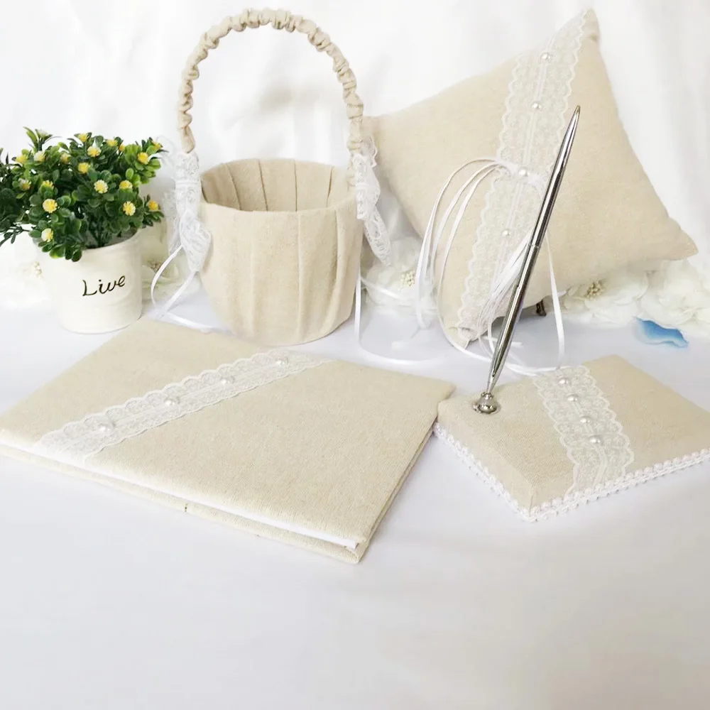 

5Pcs/set Wedding Ring Pillow Flower Girl Basket Guest Book Silver Pen And Pen Holder Romantic Wedding Decorations Accessories