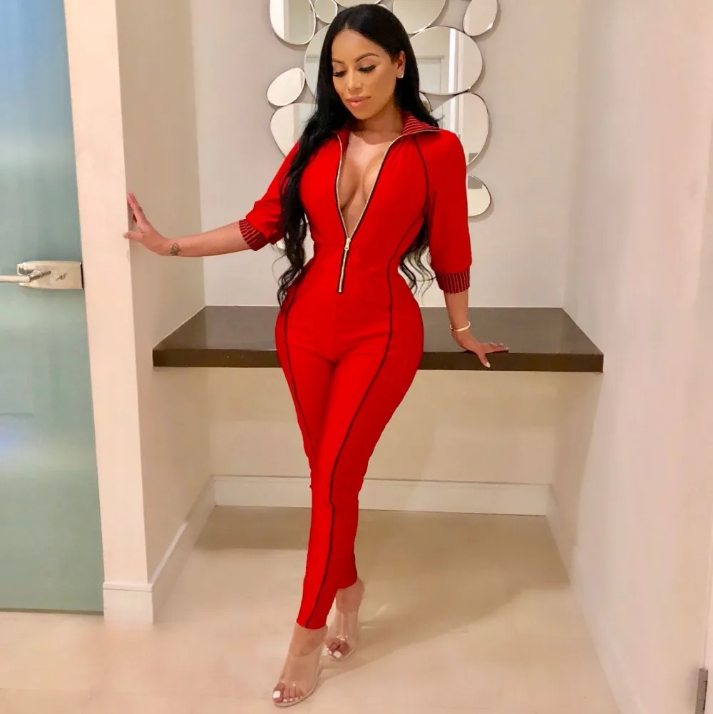 enteritos mujer Plus Size Jumpsuit Women Sexy Zipper Front V Neck Sheath Bodycon 3/4 Sleeve Solid Rompers Female Body Overalls