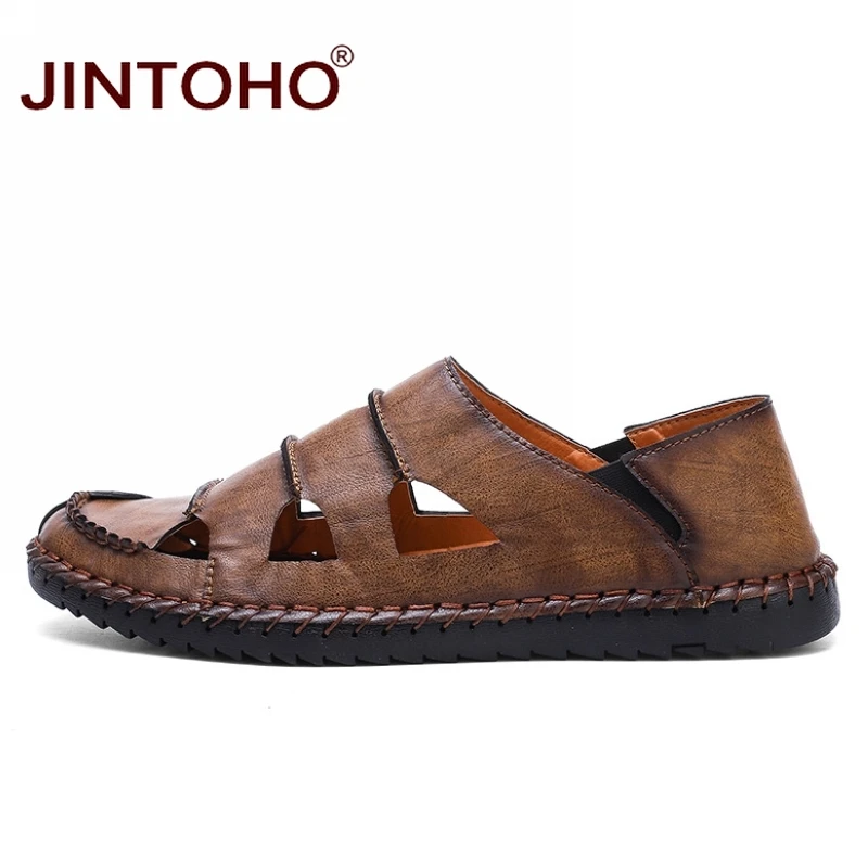 JINTOHO/высококачественные летние босоножки из натуральной кожи; модные повседневные сандалии на плоской подошве; летняя пляжная обувь; мужские пляжные сандалии