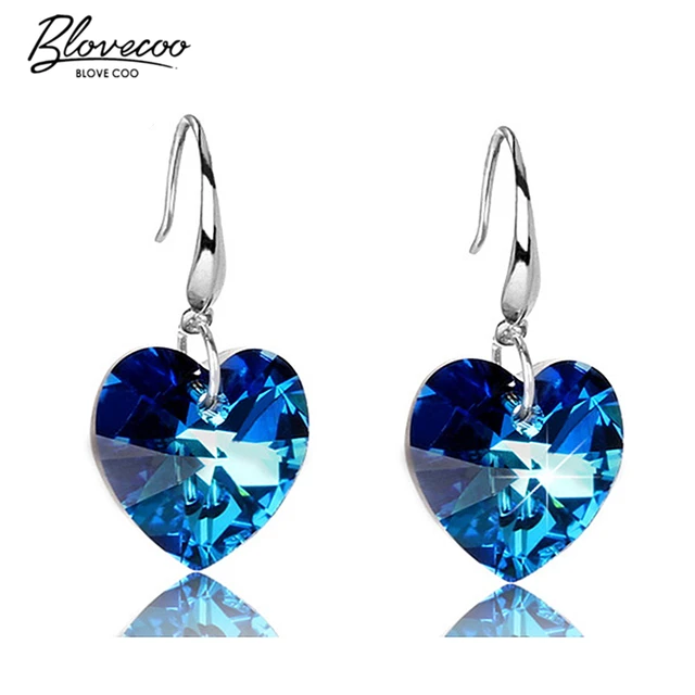Silver Earrings For Women Long Section Of A Large Heart Shaped Blue Silver Earrings For Women Long Section Of A Large Heart Shaped Blue Crystal High