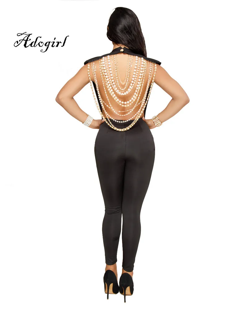 Adogirl 2018 Spring Sexy Back Pearl Chain Women Jumpsuit Black-2