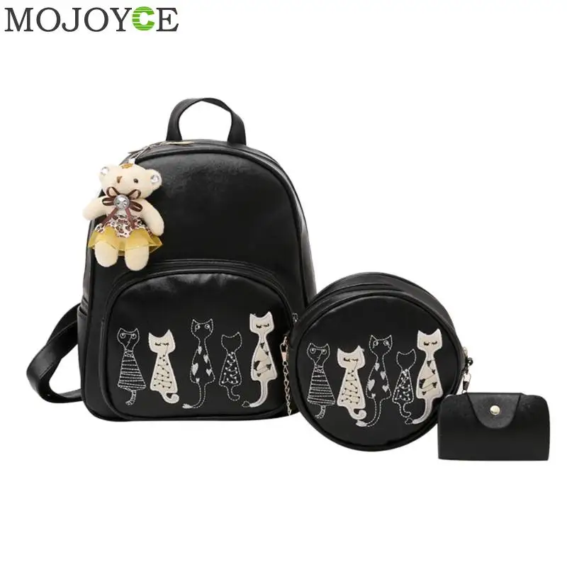 

3Pcs/Set Backpack Women Cat Printing Backpack PU Leather Bookbags School Backpacks Students Bags for Teenage Girls Bagpack Back