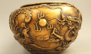 

8" Old Chinese Bronze Lucky Dragon Phoenix Bird Play Bead Pot Jar Crock Censer