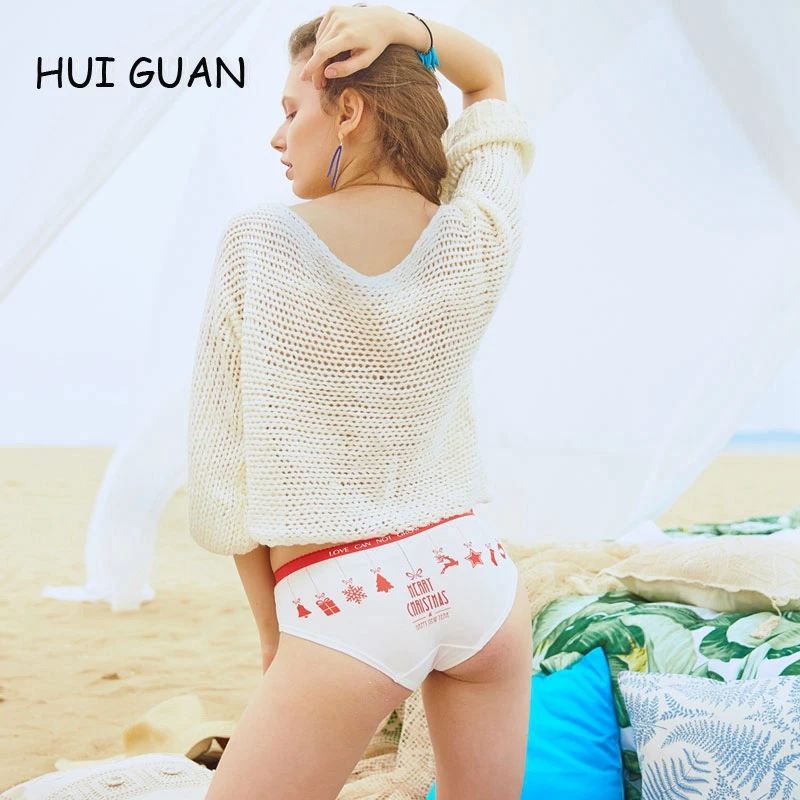 Hui Guan Cartoon Merry Chiristmas Letter Cute Underwear Women Fashion Cotton Panties Sex Thong