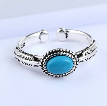 

Exaggeration Vintage 925 Sterling Silver Blue Rings for Women Party Jewelry Open Finger Antique leaf Rings Anillos