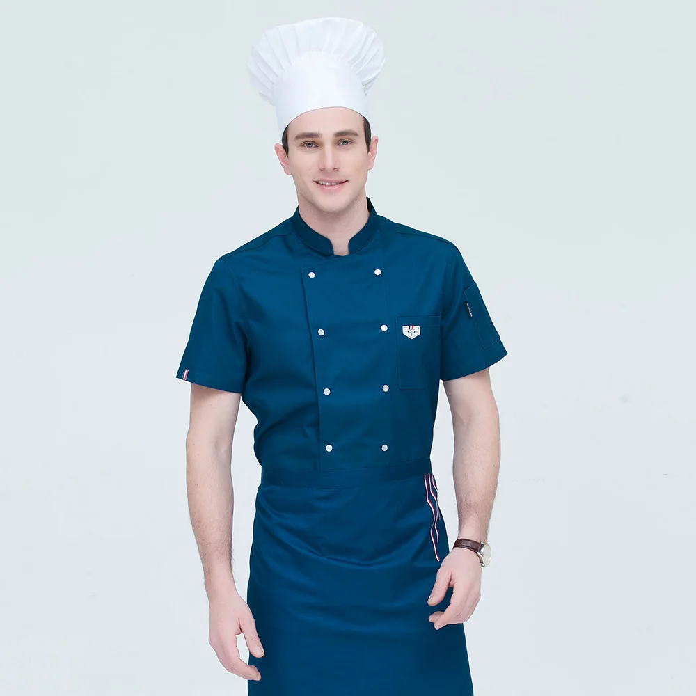 sanxiaxin Kitchen Chef Uniform Food Service Wholesale 4 colors Short Sleeve Double Breasted Bakery Cook Wear Chef Jacket & Apron