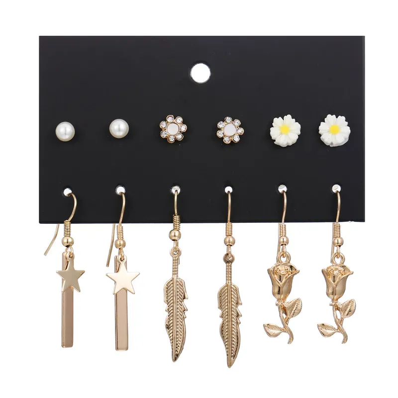 

Fashion Geometric Gold Color Pearl Crystal Daisy Star Lead Rose Flowers Pendant Stud Earring Sets Handmade Female Jewelry