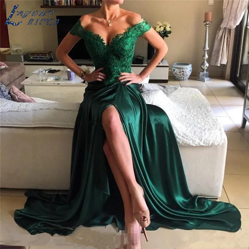 

YQS033 2019 Green With Split Prom Dresses Long A Line Appliques Lace Off Shoulder Vestios De Fiesta Backless Evening Party Gowns