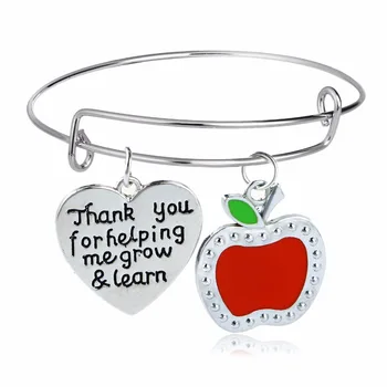 

12PC/Lot Thank You For Helping Me Grow&Learn Teachers Bangle Gifts Red Apple Love Heart Charm Teacher Bracelet Fashion Jewelry