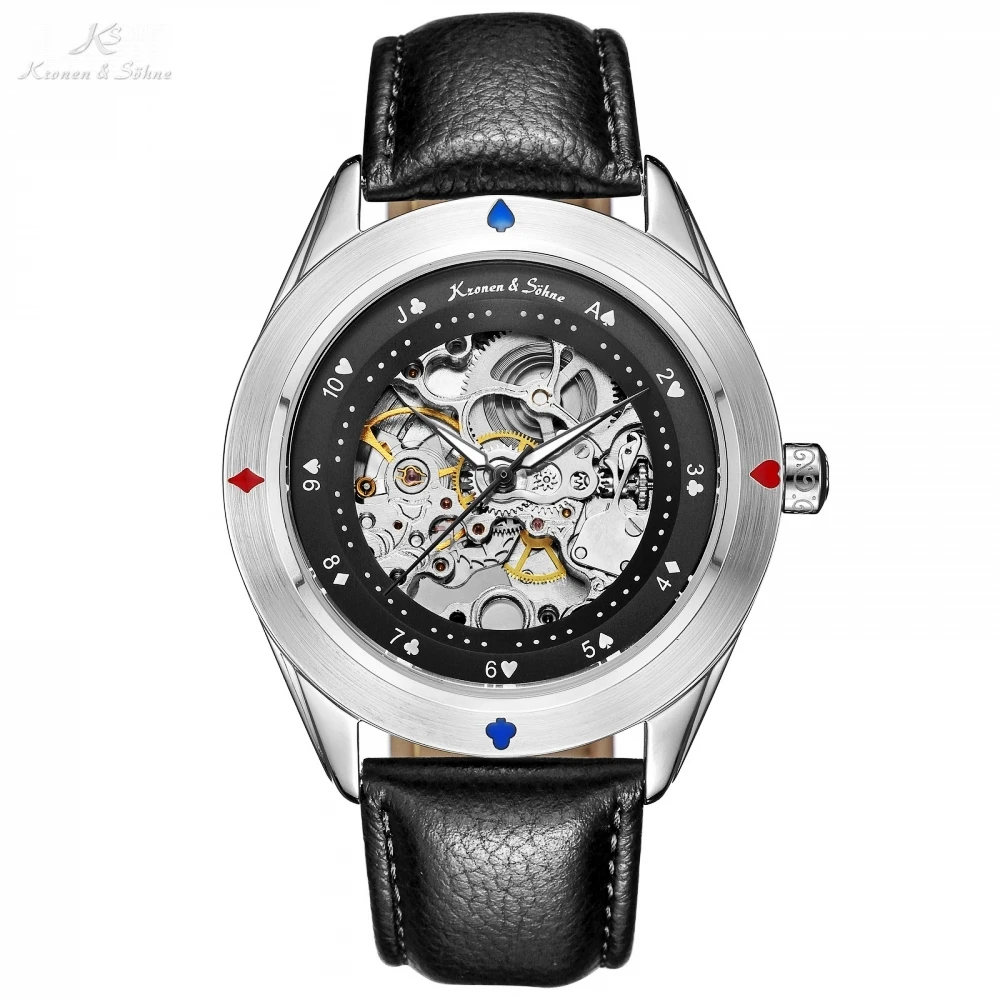 Kronen Sohne Automatic Self Wind Poker Card Bezel Skeleton Movement Silver Case Black Leather Band Mechanical Watch /