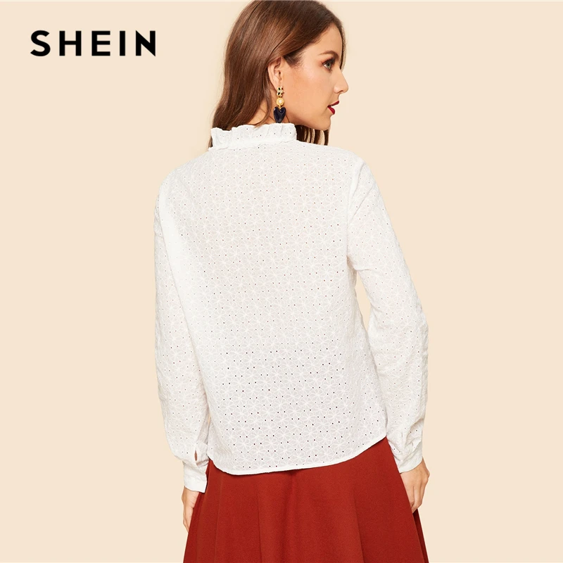 SHEIN Нарядная Белая Блуза С Рюшами, Ажурная Однотонная Блуза С Длинным Рукавом