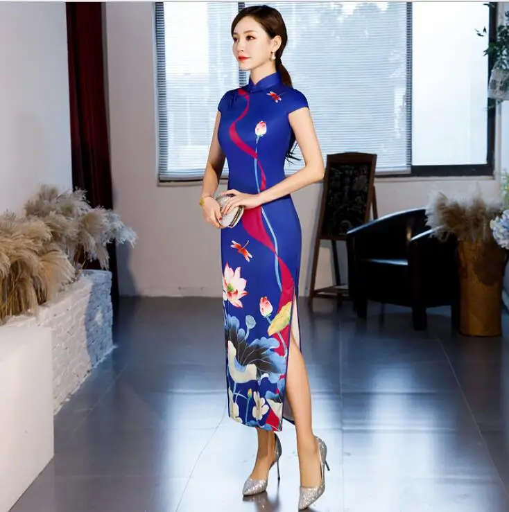 Винтажное китайское традиционное женское атласное платье с принтом сексуальное длинное тонкое китайский воротник Qipao Чонсам с цветами плюс размер 4XL - Цвет: 0012