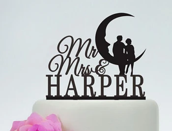 

Acrylic wedding Cake Toppers MR-MRS couples on the moon custom bride groom name and date bridal shower party decorations