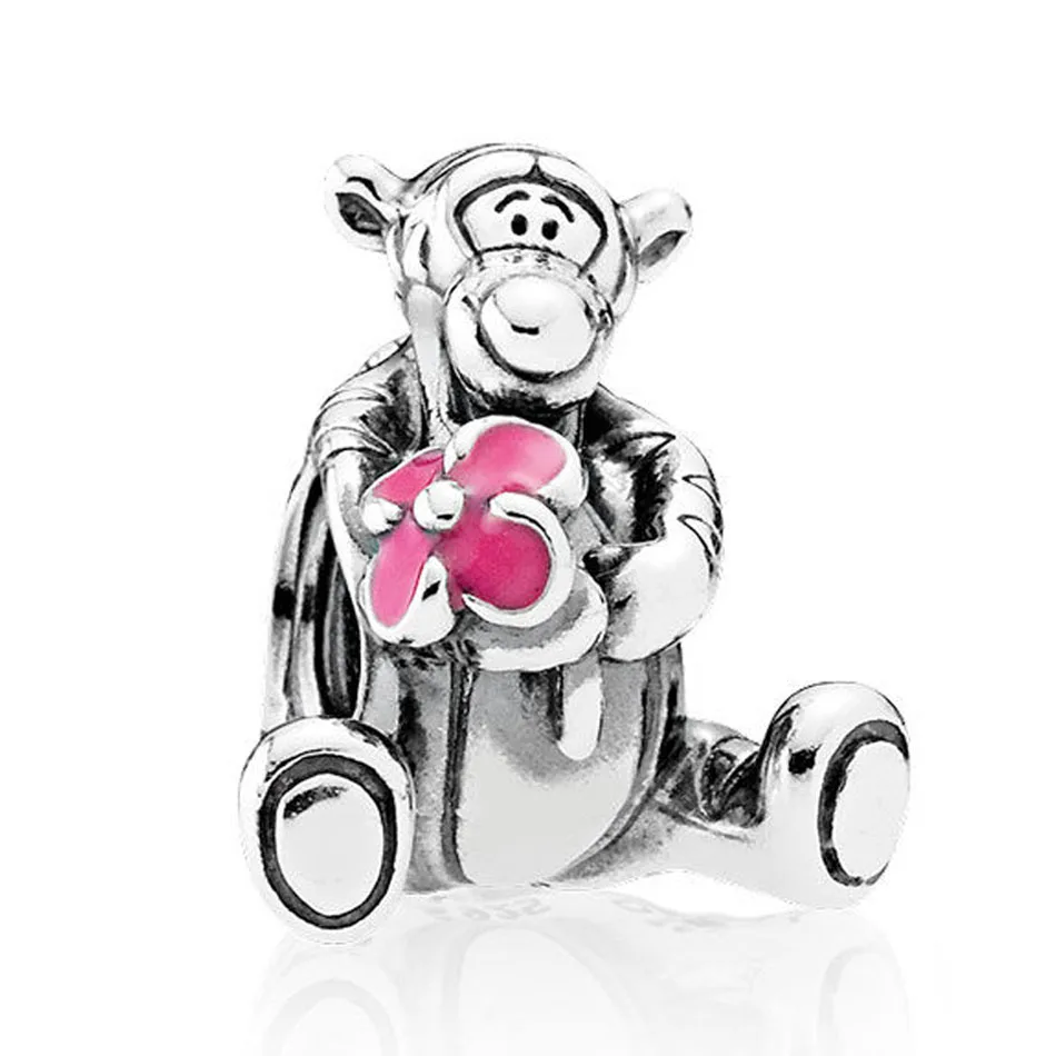 

Authentic 925 Sterling Silver Bead Charm Pink Enamel Cute Cartoon Tiger Beads Fit Women Pandora Bracelet Bangle DIY Jewelry