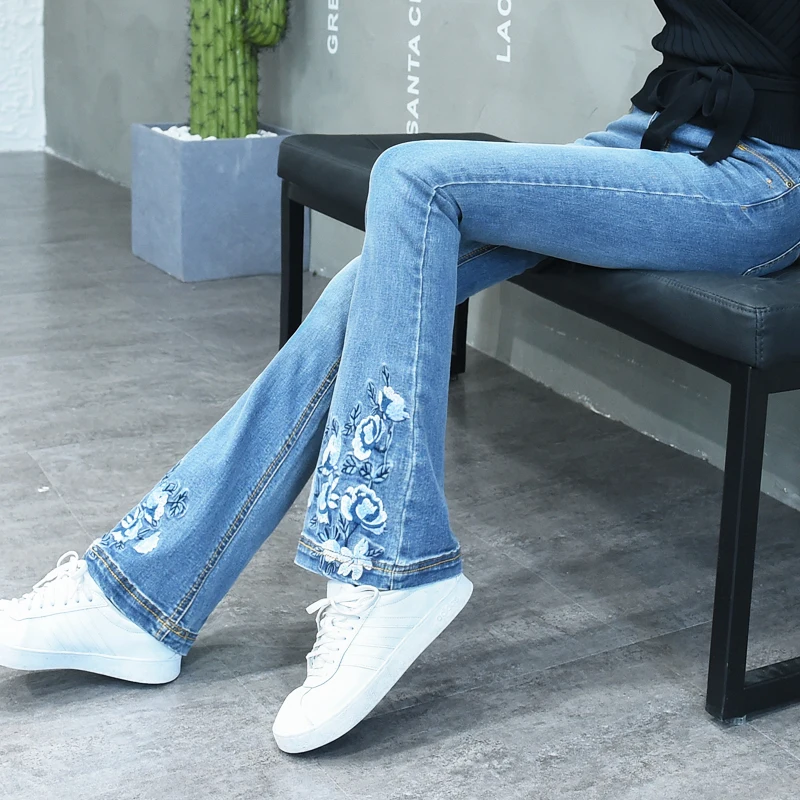 

Women jeans Slim summer embroidery Mid waist Flare pants jeans Woman