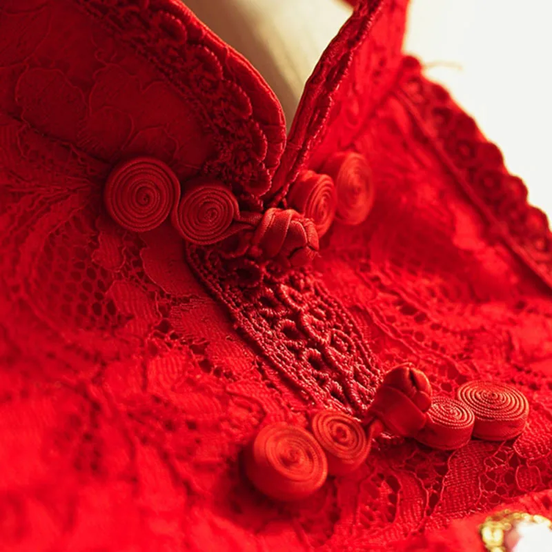 Красное кружево феникс вышивка Cheongsam невесты спинки Qipao свадебное платье сексуальные китайские платья женские традиционные