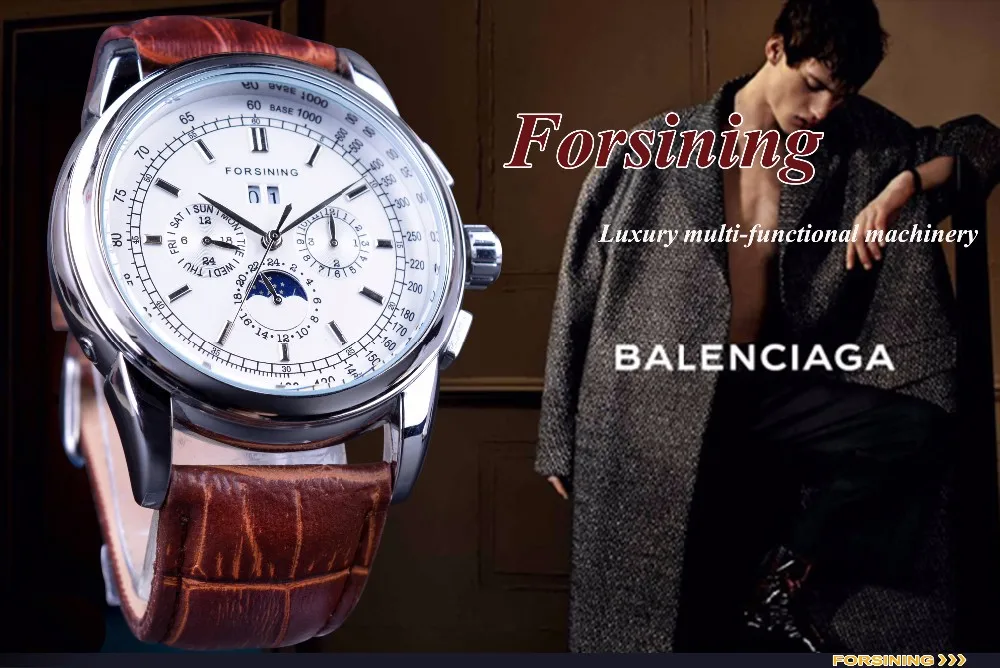 Forsining Moonphase календари дисплей Коричневая кожа Шанхай автоматический механизм мужские часы Лидирующий бренд Роскошные Механические часы