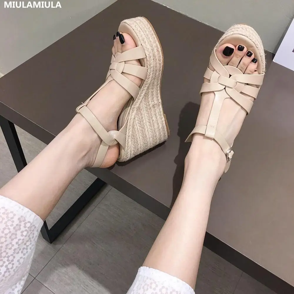 

MIULAMIULA Brand Designers 2019 Summer New Sexy Narrow Band Hemp Wedges Platform Rome Shoes Buckle Sandals For Holiday 35-40