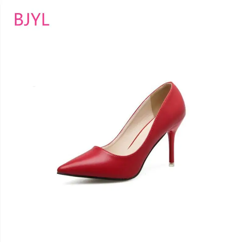 

BJYL 2018 New spring leather professional high-heeled red wedding shoes shallow tip