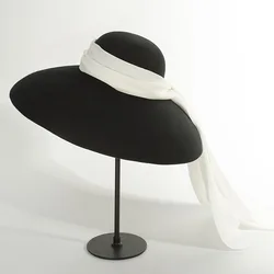 Chapeau d'hiver chaud 100% laine pour femme, chapeau d'extérieur, avec ruban blanc, pour les loisirs 